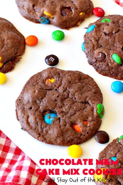 Chocolate M&M Cake Mix Cookies | Can't Stay Out of the Kitchen | Prepare to swoon over these amazing #CakeMix #cookies! They use only 4 ingredients, making them so quick & easy. Wonderful for #holiday or #tailgating parties. #chocolate #ChristmasCookieExchange #MMs #dessert #ChocolateDessert #MMDessert #HolidayDessert #4IngredientRecipe #ChocolateMMCakeMixCookies #CakeMixCookies #EasyHolidayDessert