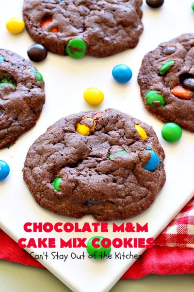 Chocolate M&M Cake Mix Cookies | Can't Stay Out of the Kitchen | Prepare to swoon over these amazing #CakeMix #cookies! They use only 4 ingredients, making them so quick & easy. Wonderful for #holiday or #tailgating parties. #chocolate #ChristmasCookieExchange #MMs #dessert #ChocolateDessert #MMDessert #HolidayDessert #4IngredientRecipe #ChocolateMMCakeMixCookies #CakeMixCookies #EasyHolidayDessert