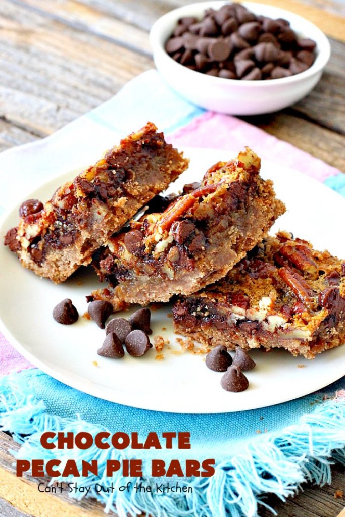 Chocolate Pecan Pie Bars | Can't Stay Out of the Kitchen | these favorite #brownies taste like #pecanpie with #chocolate. They are absolutely divine! Perfect for #holiday parties, potlucks and backyard BBQs. #dessert