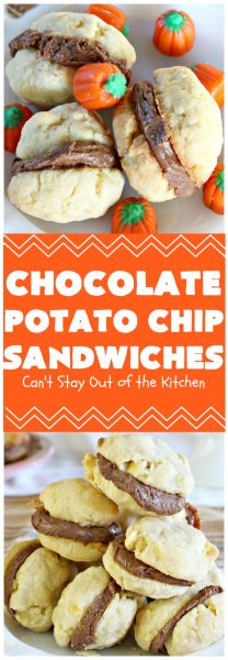 Chocolate Potato Chip Sandwiches | Can't Stay Out of the Kitchen | these #cookies are awesome! They start with a #potatochip cookie & have a luscious #chocolate frosting between them. This dessert is terrific for #fall or #Halloween baking or #christmas cookie exchanges.