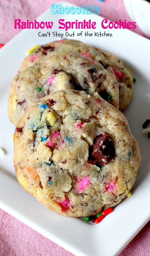 Chocolate Rainbow Sprinkle Cookies | Can't Stay Out of the Kitchen | these sensational #cookies are made with #ghirardelli #chocolate and #rainbowsprinkles. Amazing! #dessert