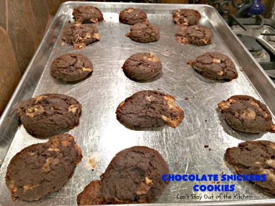 Chocolate Snickers Cookies | Can't Stay Out of the Kitchen | these #chocolate #cookies are fantastic. They're loaded with #SnickersBars so they're filled with #caramel nougat & #peanuts. Terrific for #tailgating or office parties, potlucks or #holiday baking & a #ChristmasCookie Exchange. #dessert #ChocolateDessert #SnickersDessert #HolidayDessert #Snickers #ChocolateSnickersCookies