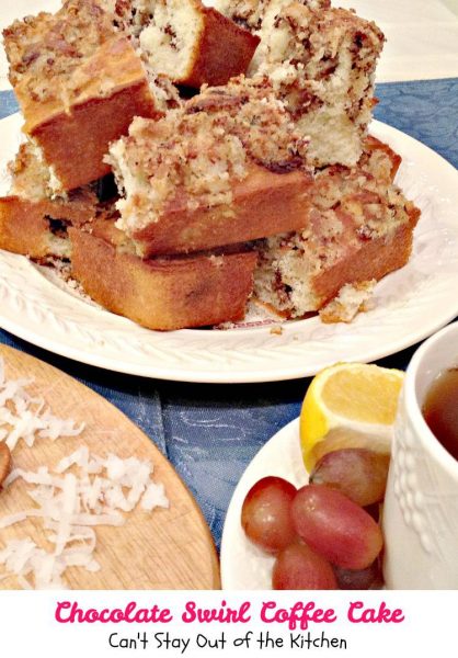 Chocolate Swirl Coffee Cake | Can't Stay Out of the Kitchen | love this delicious #coffeecake with #chocolatechips #coconut and #pecans. #chocolate #breakfast #cake