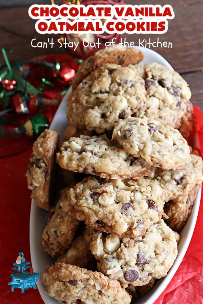 Chocolate Vanilla Oatmeal Cookies | Can't Stay Out of the Kitchen | these scrumptious #OatmealCookies include both #ChocolateChips & #VanillaChips along with #pecans, #oatmeal & #coconut. Indulge yourself with a dose of #chocolate for the #holidays, #tailgating parties, potlucks or any time you're looking for a sweet #dessert. #cookies #ChocolateVanilllaOatmealCookies