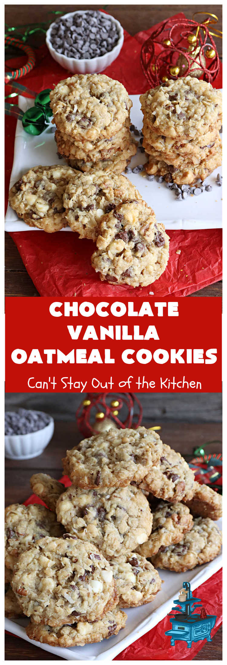 Chocolate Vanilla Oatmeal Cookies | Can't Stay Out of the Kitchen | these scrumptious #OatmealCookies include both #ChocolateChips & #VanillaChips along with #pecans, #oatmeal & #coconut. Indulge yourself with a dose of #chocolate for the #holidays, #tailgating parties, potlucks or any time you're looking for a sweet #dessert. #cookies #ChocolateVanilllaOatmealCookies