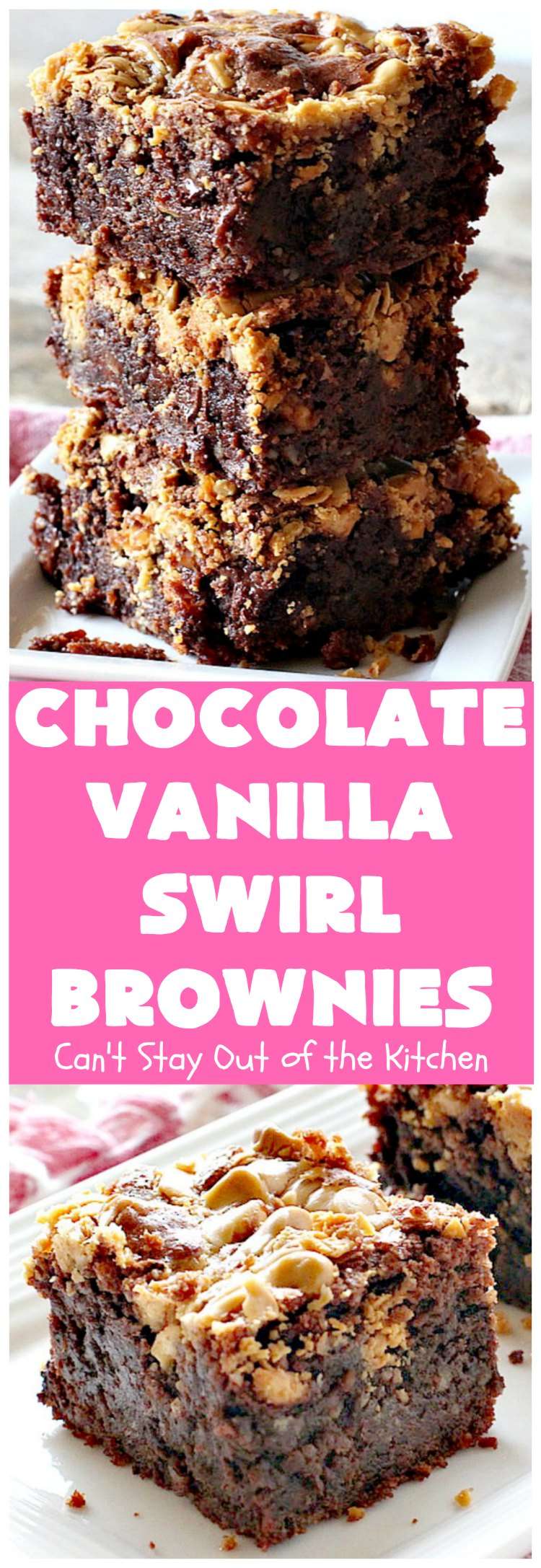 Chocolate Vanilla Swirl Brownies | Can't Stay Out of the Kitchen | Vanilla chips are swirled into #brownies and practically caramelize while baking. They are absolutely awesome! The brownies have #chocolate chips too. Rich, decadent, amazing. #dessert