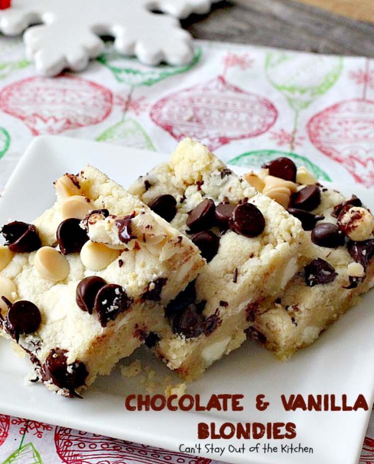 Chocolate and Vanilla Blondies | Can't Stay Out of the Kitchen | delicious #shortbread #cookies are filled with both #chocolate and vanilla chips. Amazing #dessert.
