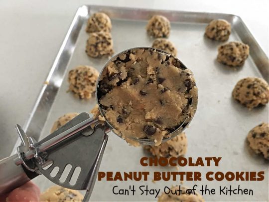 Chocolaty Peanut Butter Cookies | Can't Stay Out of the Kitchen | You'll be drooling from the first bite after one taste of these spectacular #PeanutButterCookies. These include miniature #ChocolateChips so they're loaded with #chocolate & #PeanutButter flavor. Great for #tailgating, potlucks, backyard BBQs & #holiday #baking. Be prepared to swoon! You're gonna want seconds. #HolidayDessert #dessert #ChristmasCookieExchange #cookies #ChocolateDessert #PeanutButterDessert #ChocolatyPeanutButterCookies