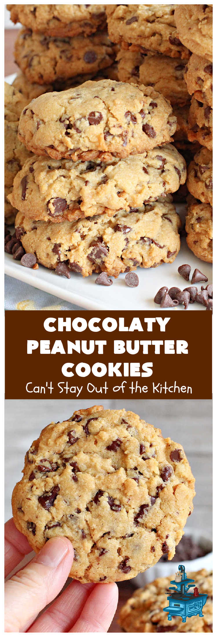 Chocolaty Peanut Butter Cookies | Can't Stay Out of the Kitchen | You'll be drooling from the first bite after one taste of these spectacular #PeanutButterCookies. These include miniature #ChocolateChips so they're loaded with #chocolate & #PeanutButter flavor. Great for #tailgating, potlucks, backyard BBQs & #holiday #baking. Be prepared to swoon! You're gonna want seconds. #HolidayDessert #dessert #ChristmasCookieExchange #cookies #ChocolateDessert #PeanutButterDessert #ChocolatyPeanutButterCookies