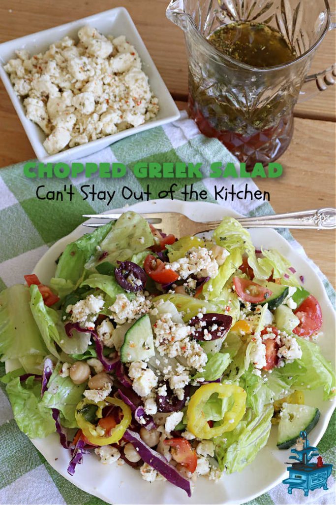 Chopped Greek Salad | Can't Stay Out of the Kitchen | this fantastic #GreekSalad #recipe includes #FetaCheese, #KalamataOlives, #MildPepperRings, #chickpeas, #tomatoes & #cucumber in a delicious & easy homemade #GreekSaladDressing. Fantastic for company or #holiday dinners. #GlutenFree #salad #ChoppedGreekSalad Chopped Greek Salad | Can't Stay Out of the Kitchen | this fantastic #GreekSalad #recipe includes #FetaCheese, #KalamataOlives, #MildPepperRings, #chickpeas, #tomatoes & #cucumber in a delicious & easy homemade #GreekSaladDressing. Fantastic for company or #holiday dinners. #GlutenFree #salad #ChoppedGreekSalad