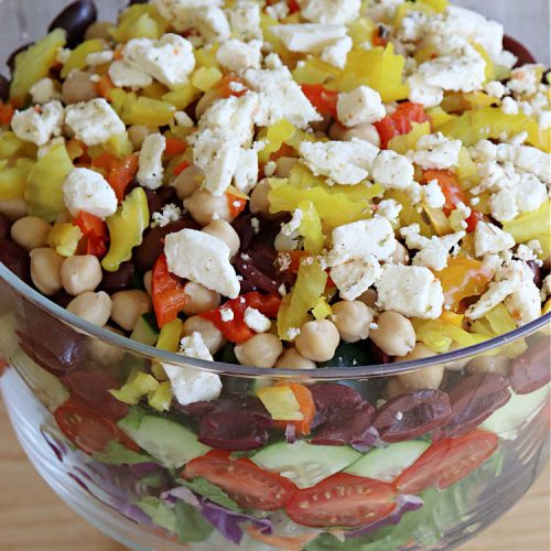 Chopped Greek Salad | Can't Stay Out of the Kitchen | this fantastic #GreekSalad #recipe includes #FetaCheese, #KalamataOlives, #MildPepperRings, #chickpeas, #tomatoes & #cucumber in a delicious & easy homemade #GreekSaladDressing. Fantastic for company or #holiday dinners. #GlutenFree #salad #ChoppedGreekSalad