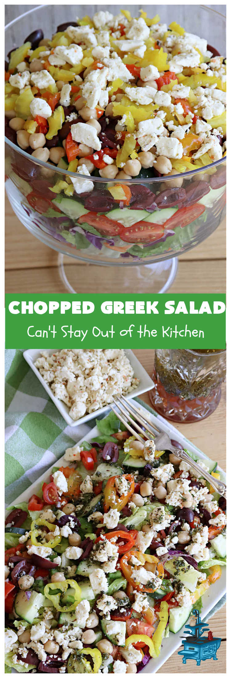 Chopped Greek Salad | Can't Stay Out of the Kitchen | this fantastic #GreekSalad #recipe includes #FetaCheese, #KalamataOlives, #MildPepperRings, #chickpeas, #tomatoes & #cucumber in a delicious & easy homemade #GreekSaladDressing. Fantastic for company or #holiday dinners. #GlutenFree #salad #ChoppedGreekSalad 