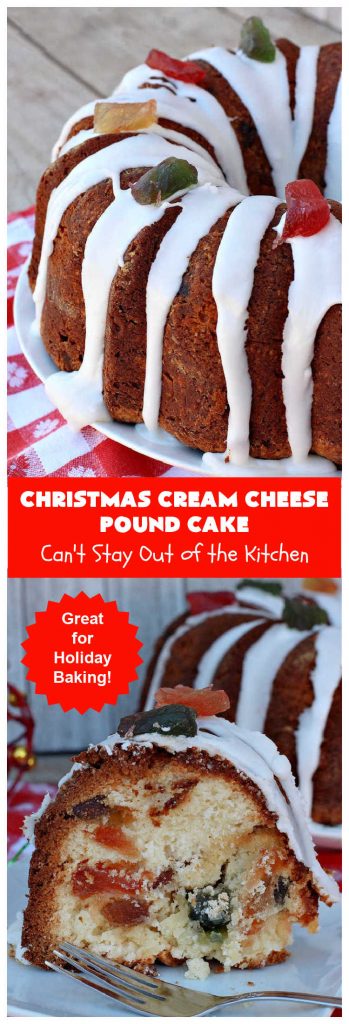 Christmas Cream Cheese Pound Cake | Can't Stay Out of the Kitchen | this luscious #PoundCake is made with #CreamCheese & #ParadiseFruitCompany's #CandiedPineapple. It's absolutely amazing. The #icing has #PineappleExtract so it pops with flavor. Great for #holiday parties & get-togethers. #Paradise #ParadiseFruitCo #dessert #Cake #HolidayDessert #PineappleDessert #Christmas #ChristmasCreamCheesePoundCake