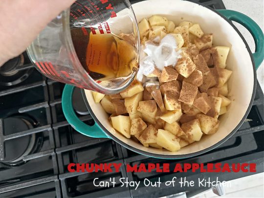 Chunky Maple Applesauce | Can't Stay Out of the Kitchen | this amazing 5-ingredient #applesauce #recipe is marvelous. It's made with #MapleSyrup & #MonkFruitSweetener & uses both #GrannySmith & #HoneyCrisp #apples. The #maple syrup flavors the apples wonderfully. Serve hot right off the stove or out of the #crockpot. Great #SideDish for company or #holiday dinners. #GlutenFree #ChunkyMapleApplesauce #vegan #ChunkyApplesauce