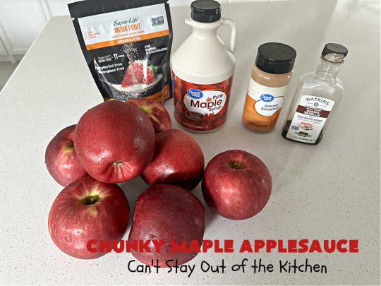 Chunky Maple Applesauce | Can't Stay Out of the Kitchen | this amazing 5-ingredient #applesauce #recipe is marvelous. It's made with #MapleSyrup & #MonkFruitSweetener & uses both #GrannySmith & #HoneyCrisp #apples. The #maple syrup flavors the apples wonderfully. Serve hot right off the stove or out of the #crockpot. Great #SideDish for company or #holiday dinners. #GlutenFree #ChunkyMapleApplesauce #vegan #ChunkyApplesauce