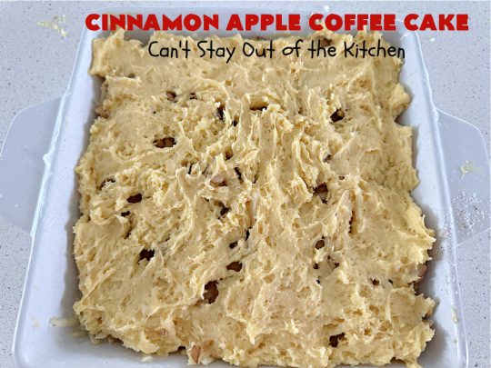 Cinnamon Apple Coffee Cake | Can't Stay Out of the Kitchen | Captivate your senses with this amazing #AppleCoffeeCake #recipe. This lovely, moist #CoffeeCake has 2 layers of #cake batter, 2 layers of #cinnamon #walnut #streusel topping & a layer of grated #apples in the center. It uses a #CakeMix & #Cheesecake pudding mix so it's not difficult to whip up. Great #cake for #dessert or for #breakfast! #holiday #HolidayBreakfast #AppleDessert #CinnamonAppleCoffeeCake