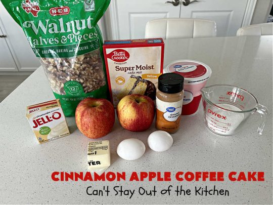 Cinnamon Apple Coffee Cake | Can't Stay Out of the Kitchen | Captivate your senses with this amazing #AppleCoffeeCake #recipe. This lovely, moist #CoffeeCake has 2 layers of #cake batter, 2 layers of #cinnamon #walnut #streusel topping & a layer of grated #apples in the center. It uses a #CakeMix & #Cheesecake pudding mix so it's not difficult to whip up. Great #cake for #dessert or for #breakfast! #holiday #HolidayBreakfast #AppleDessert #CinnamonAppleCoffeeCake