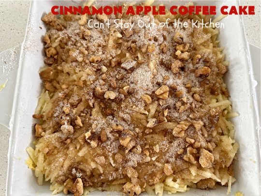 Cinnamon Apple Coffee Cake | Can't Stay Out of the Kitchen | Captivate your senses with this amazing #AppleCoffeeCake #recipe. This lovely, moist #CoffeeCake has 2 layers of #cake batter, 2 layers of #cinnamon #walnut #streusel topping & a layer of grated #apples in the center. It uses a #CakeMix & #Cheesecake pudding mix so it's not difficult to whip up. Great #cake for #dessert or for #breakfast! #holiday #HolidayBreakfast #AppleDessert #CinnamonAppleCoffeeCake