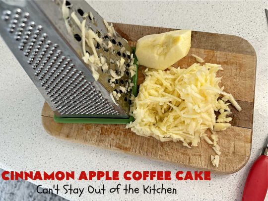 Cinnamon Apple Coffee Cake | Can't Stay Out of the Kitchen | Captivate your senses with this amazing #AppleCoffeeCake #recipe. This lovely, moist #CoffeeCake has 2 layers of #cake batter, 2 layers of #cinnamon #walnut #streusel topping & a layer of grated #apples in the center. It uses a #CakeMix & #Cheesecake pudding mix so it's not difficult to whip up. Great #cake for #dessert or for #breakfast! #holiday #HolidayBreakfast #AppleDessert #CinnamonAppleCoffeeCake