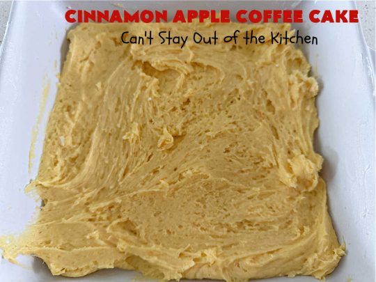 Cinnamon Apple Coffee Cake | Can't Stay Out of the Kitchen | Captivate your senses with this amazing #AppleCoffeeCake #recipe. This lovely, moist #CoffeeCake has 2 layers of #cake batter, 2 layers of #cinnamon #walnut #streusel topping & a layer of grated #apples in the center. It uses a #CakeMix & #Cheesecake pudding mix so it's not difficult to whip up. Great #cake for #dessert or for #breakfast! #holiday #HolidayBreakfast #AppleDessert #CinnamonAppleCoffeeCake