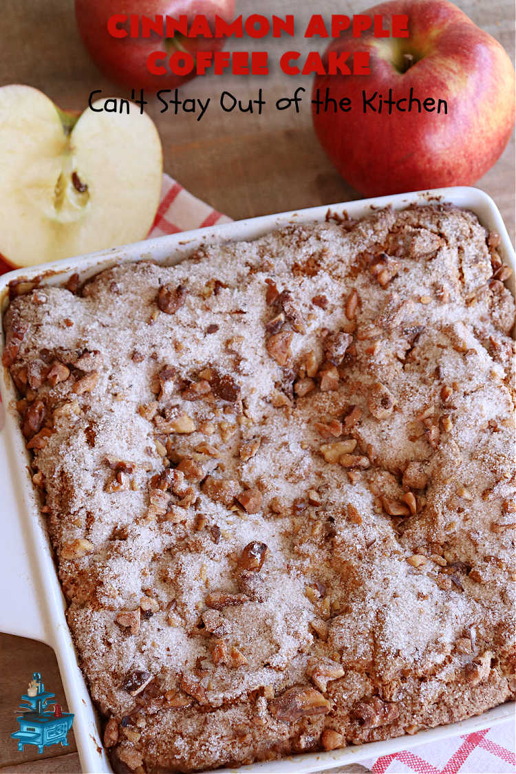 Cinnamon Apple Coffee Cake | Can't Stay Out of the Kitchen | Captivate your senses with this amazing #AppleCoffeeCake #recipe. This lovely, moist #CoffeeCake has 2 layers of #cake batter, 2 layers of #cinnamon #walnut #streusel topping & a layer of grated #apples in the center. It uses a #CakeMix & #Cheesecake pudding mix so it's not difficult to whip up. Great #cake for #dessert or for #breakfast! #holiday #HolidayBreakfast #AppleDessert #CinnamonAppleCoffeeCake