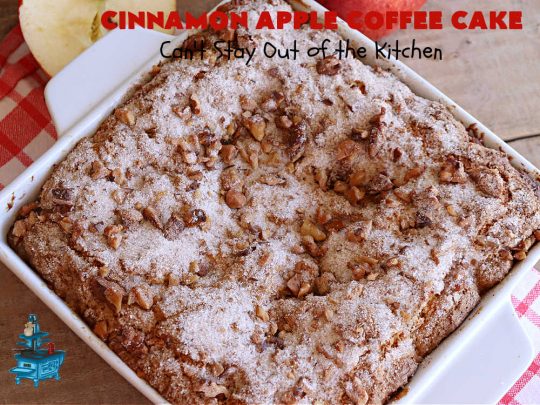 Cinnamon Apple Coffee Cake | Can't Stay Out of the Kitchen | Captivate your senses with this amazing #AppleCoffeeCake #recipe. This lovely, moist #CoffeeCake has 2 layers of #cake batter, 2 layers of #cinnamon #walnut #streusel topping & a layer of grated #apples in the center. It uses a #CakeMix & #Cheesecake pudding mix so it's not difficult to whip up. Great #cake for #dessert or for #breakfast! #holiday #HolidayBreakfast #AppleDessert #CinnamonAppleCoffeeCake