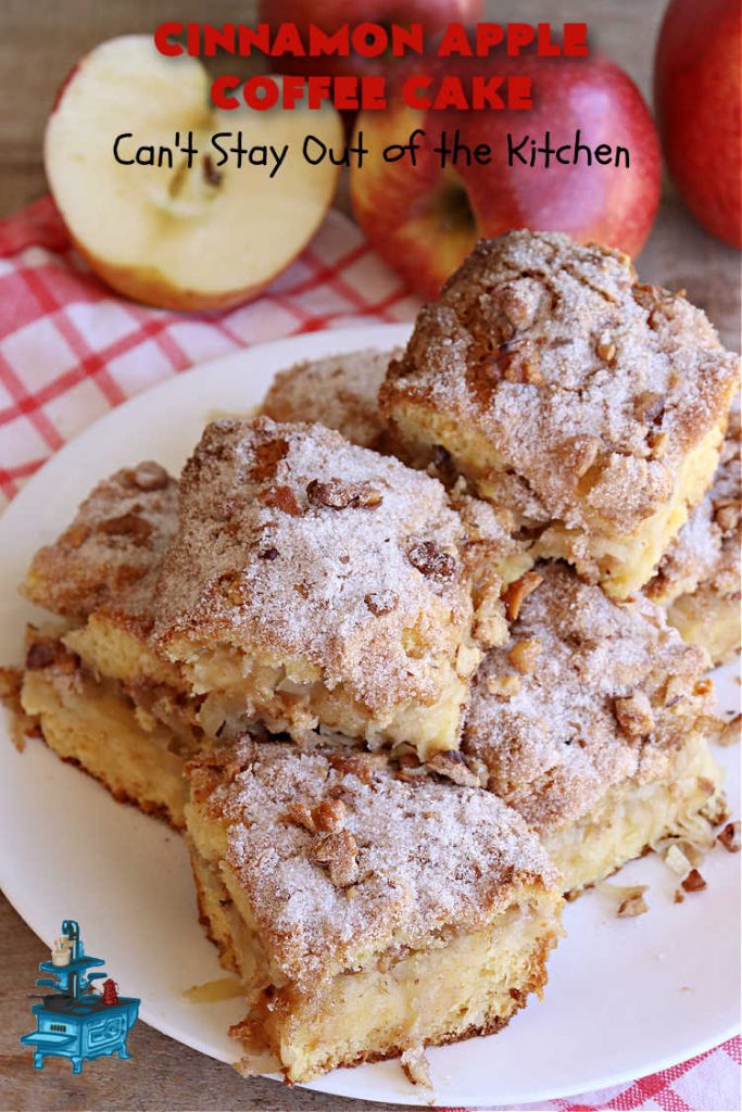 Cinnamon Apple Coffee Cake | Can't Stay Out of the Kitchen | Captivate your senses with this amazing #AppleCoffeeCake #recipe. This lovely, moist #CoffeeCake has 2 layers of #cake batter, 2 layers of #cinnamon #walnut #streusel topping & a layer of grated #apples in the center. It uses a #CakeMix & #Cheesecake pudding mix so it's not difficult to whip up. Great #cake for #dessert or for #breakfast! #holiday #HolidayBreakfast #AppleDessert #CinnamonAppleCoffeeCake