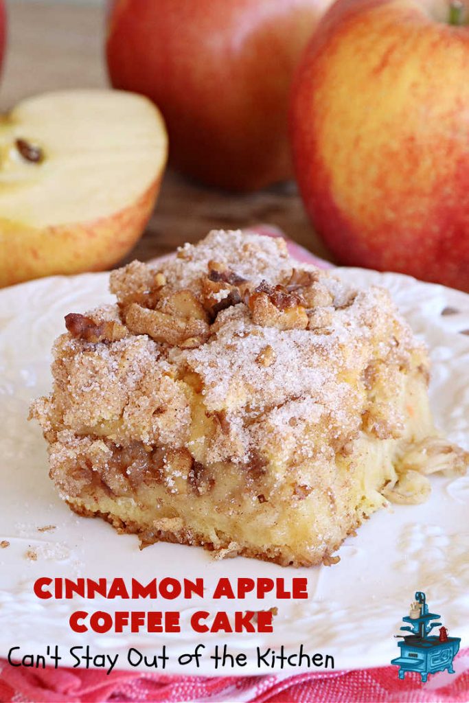 Cinnamon Apple Coffee Cake | Can't Stay Out of the Kitchen | Captivate your senses with this amazing #AppleCoffeeCake #recipe. This lovely, moist #CoffeeCake has 2 layers of #cake batter, 2 layers of #cinnamon #walnut #streusel topping & a layer of grated #apples in the center. It uses a #CakeMix & #Cheesecake pudding mix so it's not difficult to whip up. Great #cake for #dessert or for #breakfast! #holiday #HolidayBreakfast #AppleDessert #CinnamonAppleCoffeeCake