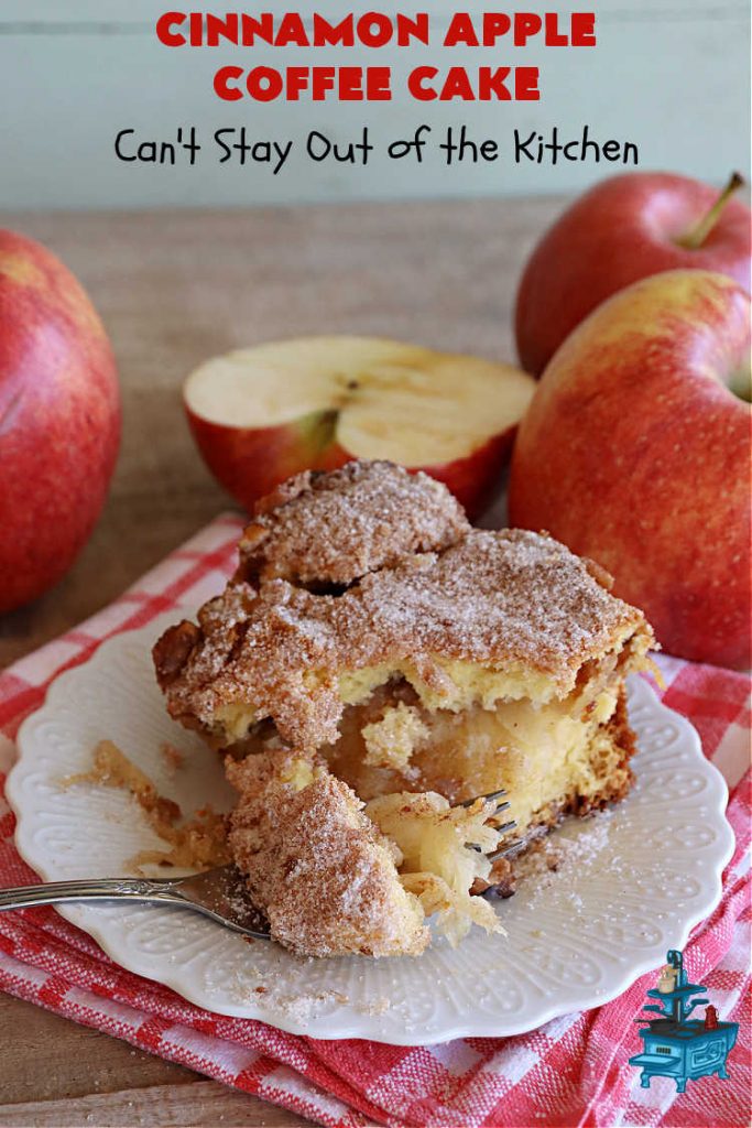 Cinnamon Apple Coffee Cake | Can't Stay Out of the Kitchen | Captivate your senses with this amazing #AppleCoffeeCake #recipe. This lovely, moist #CoffeeCake has 2 layers of #cake batter, 2 layers of #cinnamon #walnut #streusel topping & a layer of grated #apples in the center. It uses a #CakeMix & #Cheesecake pudding mix so it's not difficult to whip up. Great #cake for #dessert or for #breakfast! #holiday #HolidayBreakfast #AppleDessert #CinnamonAppleCoffeeCake