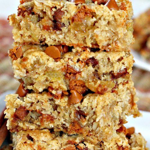 Cinnamon Chip Oatmeal Raisin Bars | Can't Stay Out of the Kitchen | these fantastic #cookies are the ultimate in #OatmealRaisinCookies. They're filled with golden #raisins, #Oatmeal & loads of #CinnamonChips. They're super rich so they'll cure any sweet tooth craving you have. #CinnamonDessert #OatmealRaisinDessert #tailgating #cinnamon #ChristmasCookieExchange #brownie #CinnamonChipOatmealRaisinBars