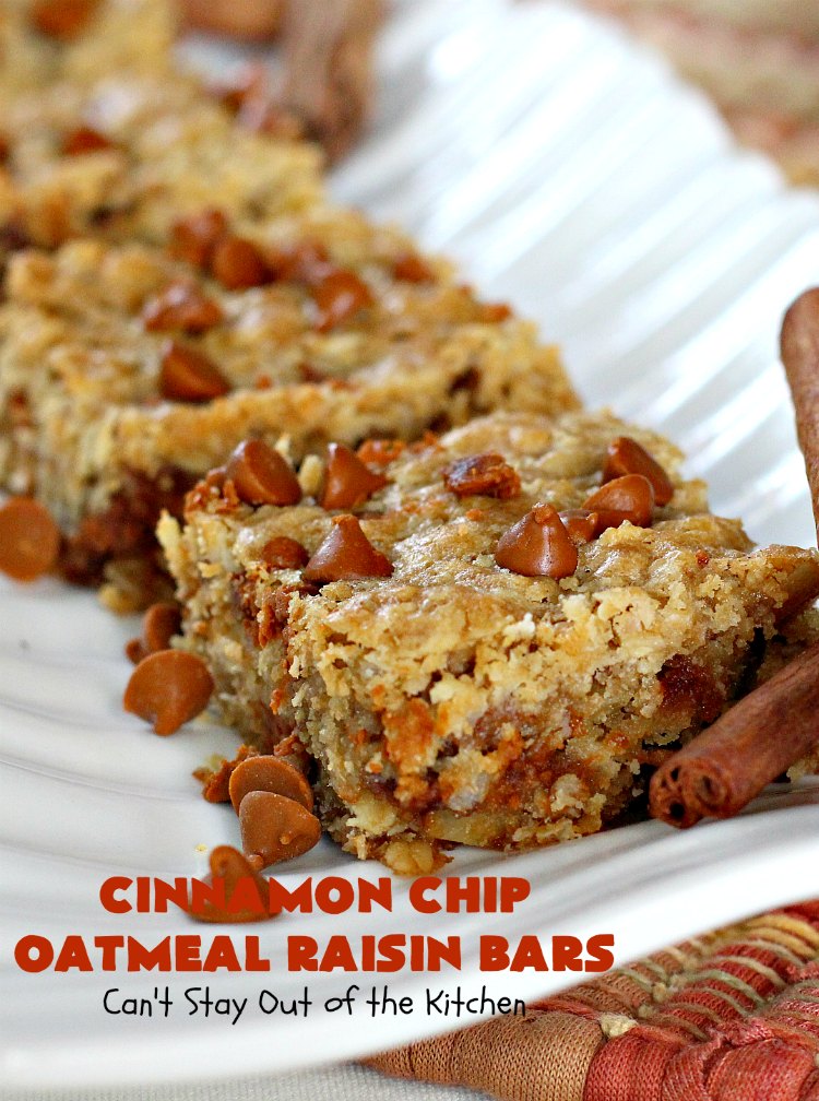 Cinnamon Chip Oatmeal Raisin Bars | Can't Stay Out of the Kitchen | these fantastic #cookies are the ultimate in #OatmealRaisinCookies. They're filled with golden #raisins, #Oatmeal & loads of #CinnamonChips. They're super rich so they'll cure any sweet tooth craving you have. #CinnamonDessert #OatmealRaisinDessert #tailgating #cinnamon #ChristmasCookieExchange #brownie #CinnamonChipOatmealRaisinBars