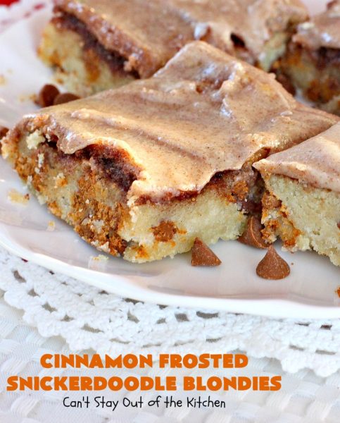 Cinnamon Frosted Snickerdoodle Blondies | Can't Stay Out of the Kitchen | these #cookies will knock your socks off! They are rich, decadent & absolutely heavenly. They'll sure satisfy any sweet tooth craving you have. Perfect for #holiday or #Christmas parties too. #snickerdoodles #cinnamon #dessert #SnickerdoodleDessert #HolidayDessert #CinnamonFrostedSnickerdoodleBlondies