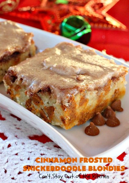 Cinnamon Frosted Snickerdoodle Blondies | Can't Stay Out of the Kitchen | these #cookies will knock your socks off! They are rich, decadent & absolutely heavenly. They'll sure satisfy any sweet tooth craving you have. Perfect for #holiday or #Christmas parties too. #snickerdoodles #cinnamon #dessert #SnickerdoodleDessert #HolidayDessert #CinnamonFrostedSnickerdoodleBlondies