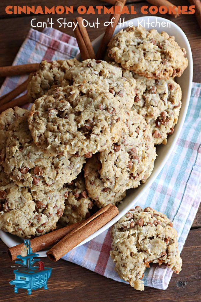 Cinnamon Oatmeal Cookies | Can't Stay Out of the Kitchen | these delectable #OatmealCookies are filled with #oatmeal #CinnamonChips, #pecans & #coconut. They're hearty, satisfying & chewy #cookies. Enjoy them at #tailgating parties, potlucks, Backyard BBQs or soccer practice. Fill your Cookie Jar & your kids will swoon over this amazing #dessert. #cinnamon #CinnamonDessert #CinnamonOatmealCookies