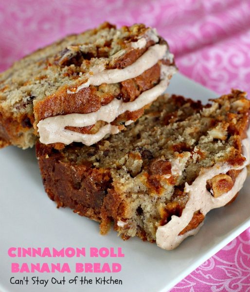 Cinnamon Roll Banana Bread | Can't Stay Out of the Kitchen | get the great taste of homemade #CinnamonRolls but without all the work in this fantastic #BananaBread #recipe. It has triple the #cinnamon flavor with cinnamon & #CinnamonChips in the batter & cinnamon in the icing. Delicious sweet #bread for company or #holidays like #Christmas or #Thanksgiving. #CinnamonRollBananaBread
