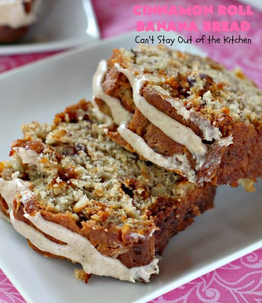 Cinnamon Roll Banana Bread | Can't Stay Out of the Kitchen | get the great taste of homemade #CinnamonRolls but without all the work in this fantastic #BananaBread #recipe. It has triple the #cinnamon flavor with cinnamon & #CinnamonChips in the batter & cinnamon in the icing. Delicious sweet #bread for company or #holidays like #Christmas or #Thanksgiving. #CinnamonRollBananaBread
