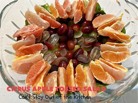 Citrus Apple Tossed Salad | Can't Stay Out of the Kitchen | this delicious fruity #salad includes #oranges, #apples #grapefruit, #grapes, #croutons & #CreamCheese cubes. The #chives in the #SaladDressing perk up this #TossedSalad wonderfully. Great #TossedSaladWithFruit for company or #holiday occasions. #citrus #CitrusAppleTossed Salad