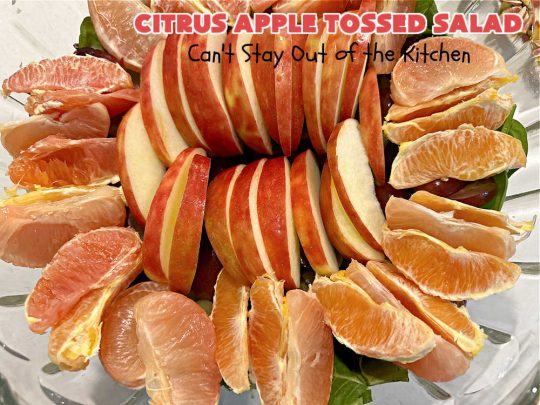 Citrus Apple Tossed Salad | Can't Stay Out of the Kitchen | this delicious fruity #salad includes #oranges, #apples #grapefruit, #grapes, #croutons & #CreamCheese cubes. The #chives in the #SaladDressing perk up this #TossedSalad wonderfully. Great #TossedSaladWithFruit for company or #holiday occasions. #citrus #CitrusAppleTossed Salad