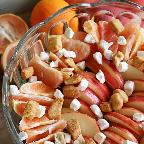 Citrus Apple Tossed Salad | Can't Stay Out of the Kitchen | this delicious fruity #salad includes #oranges, #apples #grapefruit, #grapes, #croutons & #CreamCheese cubes. The #chives in the #SaladDressing perk up this #TossedSalad wonderfully. Great #TossedSaladWithFruit for company or #holiday occasions. #citrus #CitrusAppleTossed Salad