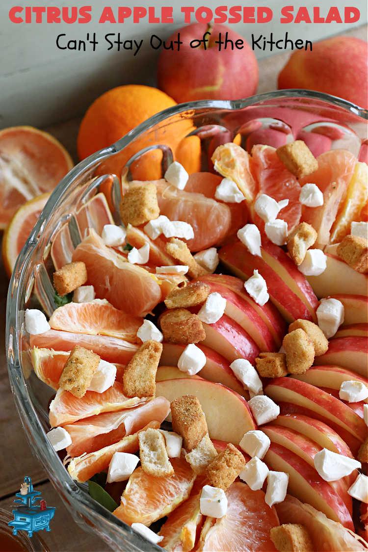 Citrus Apple Tossed Salad | Can't Stay Out of the Kitchen | this delicious fruity #salad includes #oranges, #apples #grapefruit, #grapes, #croutons & #CreamCheese cubes. The #chives in the #SaladDressing perk up this #TossedSalad wonderfully. Great #TossedSaladWithFruit for company or #holiday occasions. #citrus #CitrusAppleTossed Salad