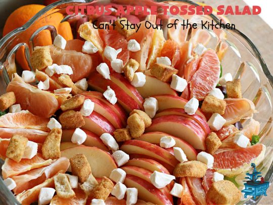 Citrus Apple Tossed Salad | Can't Stay Out of the Kitchen | this delicious fruity #salad includes #oranges, #apples #grapefruit, #grapes, #croutons & #CreamCheese cubes. The #chives in the #SaladDressing perk up this #TossedSalad wonderfully. Great #TossedSaladWithFruit for company or #holiday occasions. #citrus #CitrusAppleTossed Salad