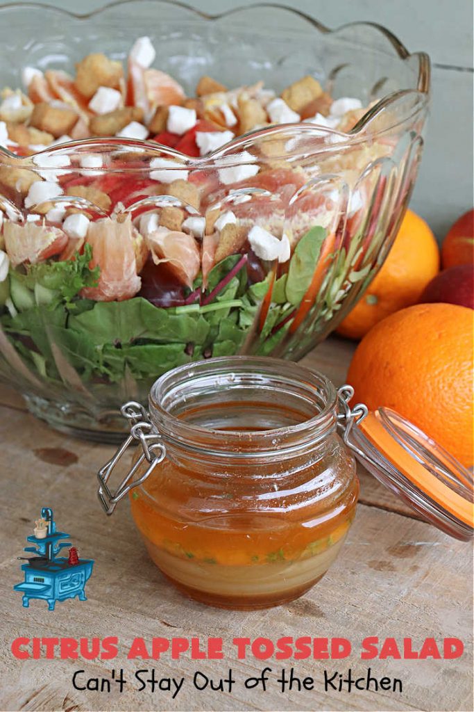 Citrus Apple Tossed Salad | Can't Stay Out of the Kitchen | this delicious fruity #salad includes #oranges, #apples #grapefruit, #grapes, #croutons & #CreamCheese cubes. The #chives in the #SaladDressing perk up this #TossedSalad wonderfully. Great #TossedSaladWithFruit for company or #holiday occasions. #citrus #CitrusAppleTossed Salad