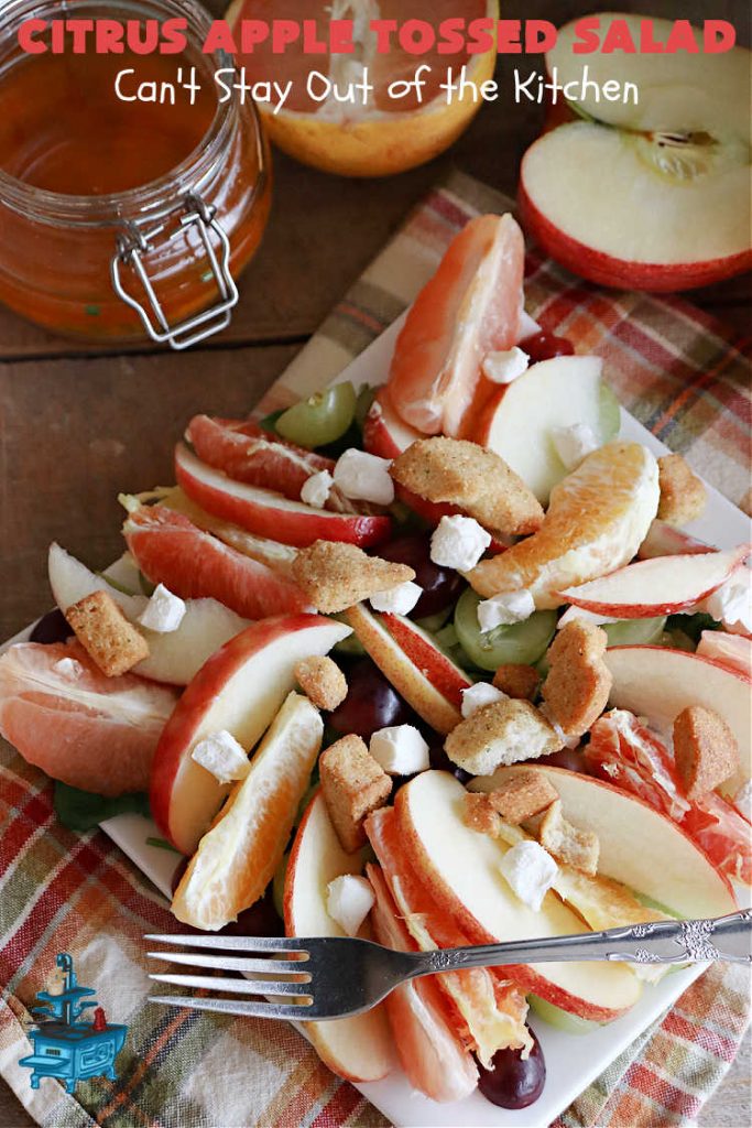 Citrus Apple Tossed Salad | Can't Stay Out of the Kitchen | this delicious fruity #salad includes #oranges, #apples #grapefruit, #grapes, #croutons & #CreamCheese cubes. The #chives in the #SaladDressing perk up this #TossedSalad wonderfully. Great #TossedSaladWithFruit for company or #holiday occasions. #citrus #CitrusAppleTossed Salad