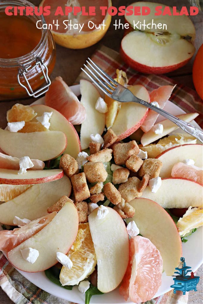 Citrus Apple Tossed Salad | Can't Stay Out of the Kitchen | this delicious fruity #salad includes #oranges, #apples #grapefruit, #grapes, #croutons & #CreamCheese cubes. The #chives in the #SaladDressing perk up this #TossedSalad wonderfully. Great #TossedSaladWithFruit for company or #holiday occasions. #citrus #CitrusAppleTossed Salad