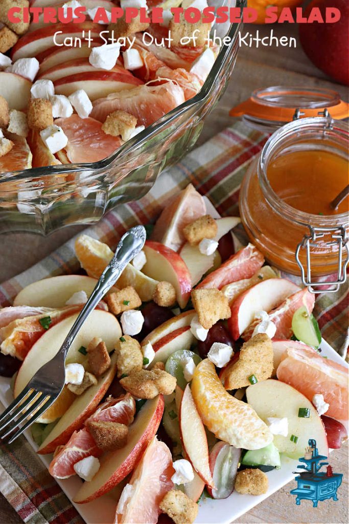 Citrus Apple Tossed Salad | Can't Stay Out of the Kitchen | this delicious fruity #salad includes #oranges, #apples #grapefruit, #grapes, #croutons & #CreamCheese cubes. The #chives in the #SaladDressing perk up this #TossedSalad wonderfully. Great #TossedSaladWithFruit for company or #holiday occasions. #citrus #CitrusAppleTossed Salad