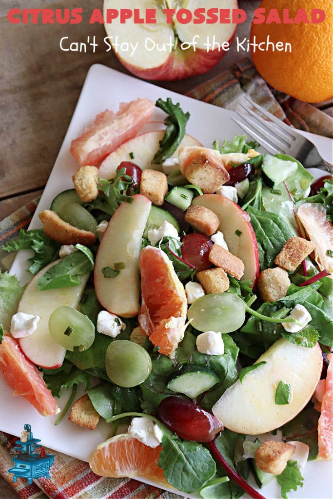 Citrus Apple Tossed Salad | Can't Stay Out of the Kitchen | this delicious fruity #salad includes #oranges, #apples #grapefruit, #grapes, #croutons & #CreamCheese cubes. The #chives in the #SaladDressing perk up this #TossedSalad wonderfully. Great #TossedSaladWithFruit for company or #holiday occasions. #citrus #CitrusAppleTossed Salad