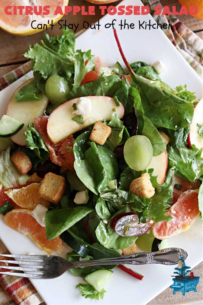 Citrus Apple Tossed Salad | Can't Stay Out of the Kitchen | this delicious fruity #salad includes #oranges, #apples #grapefruit, #grapes, #croutons & #CreamCheese cubes. The #chives in the #SaladDressing perk up this #TossedSalad wonderfully. Great #TossedSaladWithFruit for company or #holiday occasions. #citrus #CitrusAppleTossed Salad