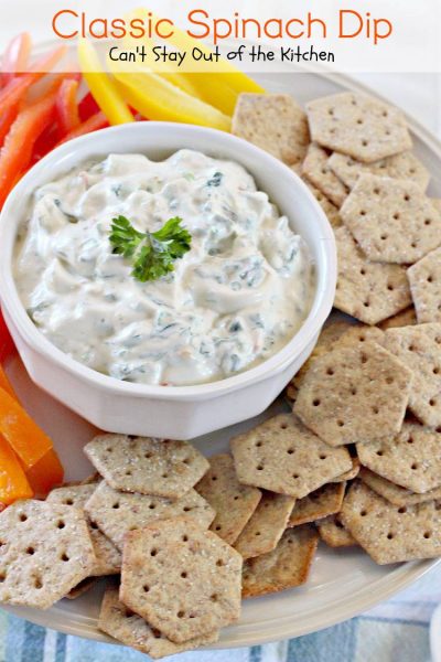 Classic Spinach Dip | Can't Stay Out of the Kitchen | Spectacular #spinachdip with #waterchestnuts, and #Knorrs #vegetablesoupmix. Great for #tailgating parties. #glutenfree #appetizer