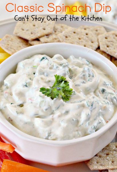 Classic Spinach Dip | Can't Stay Out of the Kitchen | Spectacular #spinachdip with #waterchestnuts, and #Knorrs #vegetablesoupmix. Great for #tailgating parties. #glutenfree #appetizer