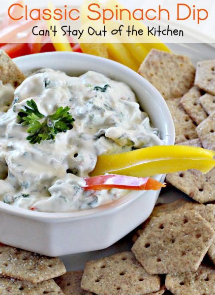 Classic Spinach Dip | Can't Stay Out of the Kitchen | Spectacular #spinachdip with #waterchestnuts, and #Knorrs #vegetablesoupmix. Great for #tailgating parties. #glutenfree #appetizer
